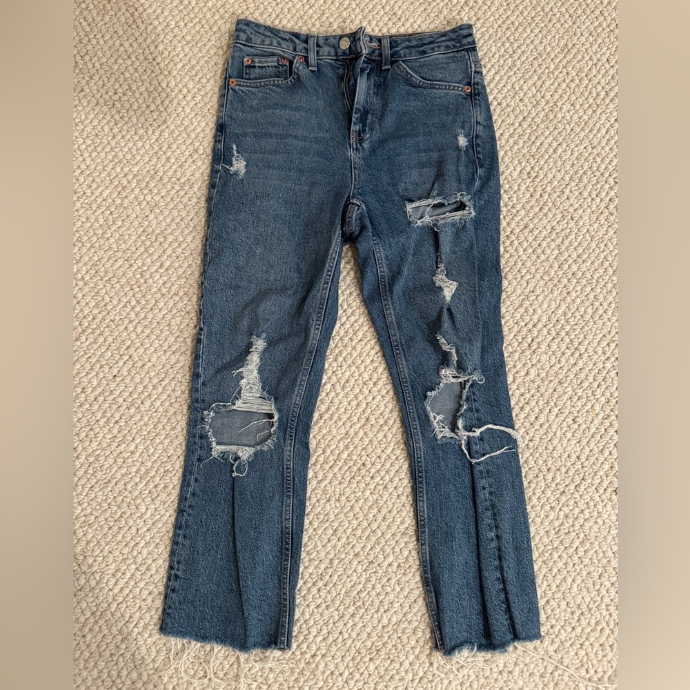 TOPSHOP Dark-wash Straight Leg Ripped Jeans